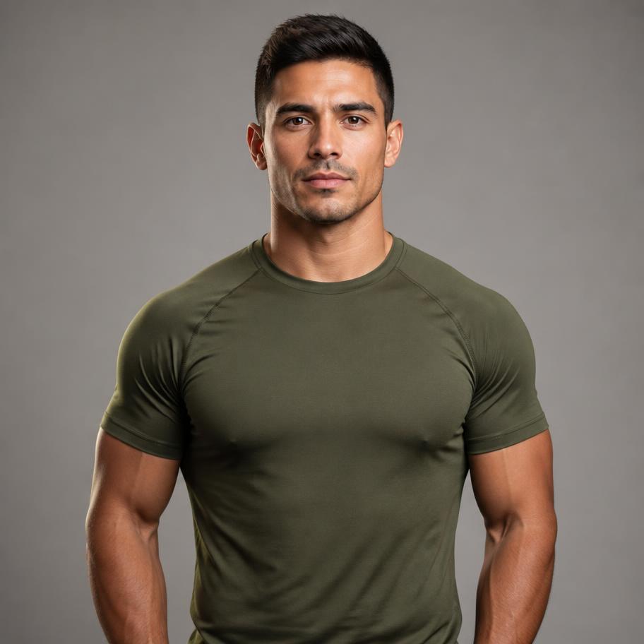 Hombre atlético con camiseta verde oliva