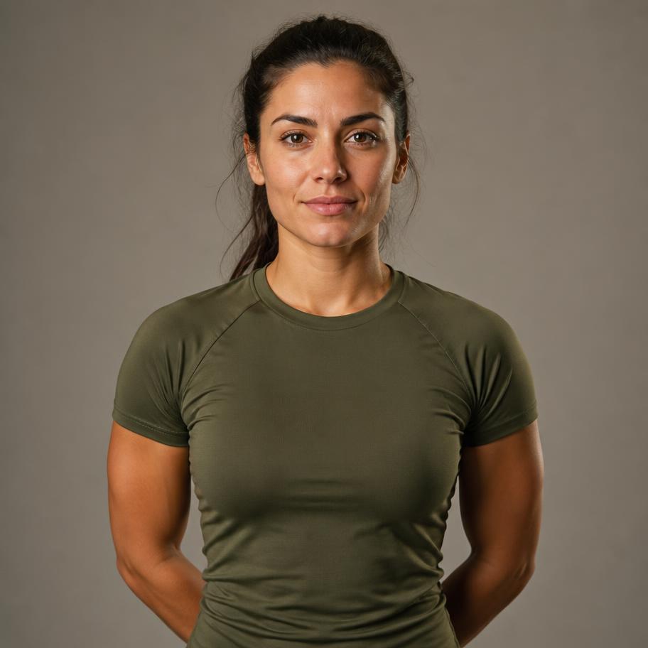 Mujer atlética con camiseta verde oliva
